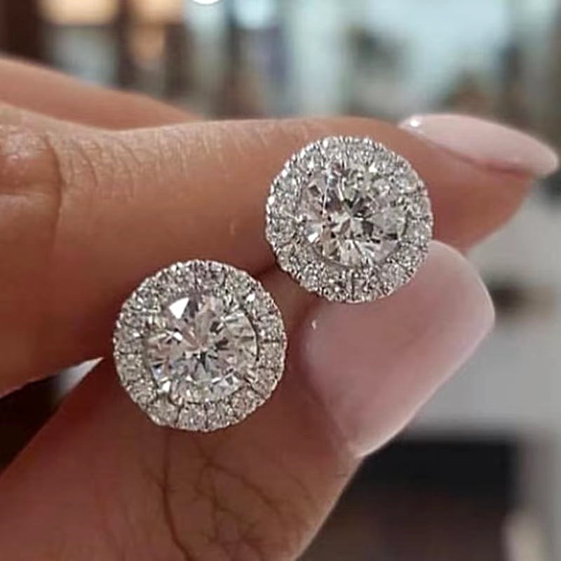 Luxury Vintage Silver Crystal Round Stud Earrings with White Zircon for Women - Elegant Wedding Jewelry