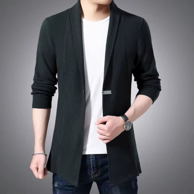 Men's Solid Color Long Cardigan Jacket with Single Button Windbreaker for Spring and Autumn